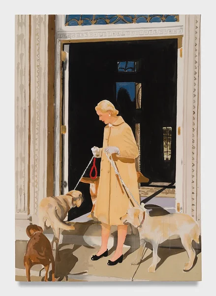 C.Z. Guest in Doorway with Dogs, 2024, acrylic and charcoal on canvas, 72 x 50 in