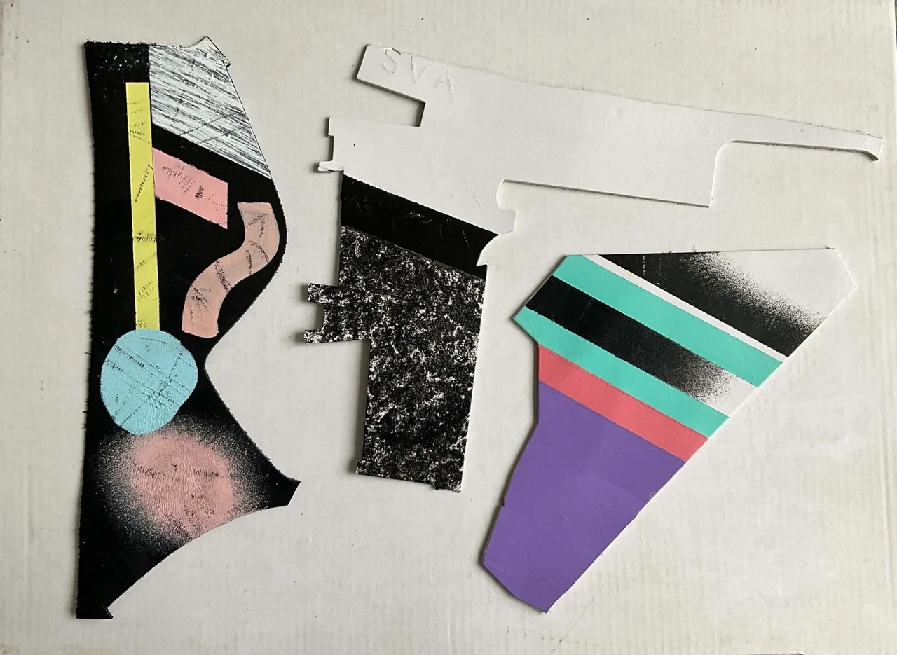 Leather pieces painted by Anu Samarüütel in the Stella Soomlais studio