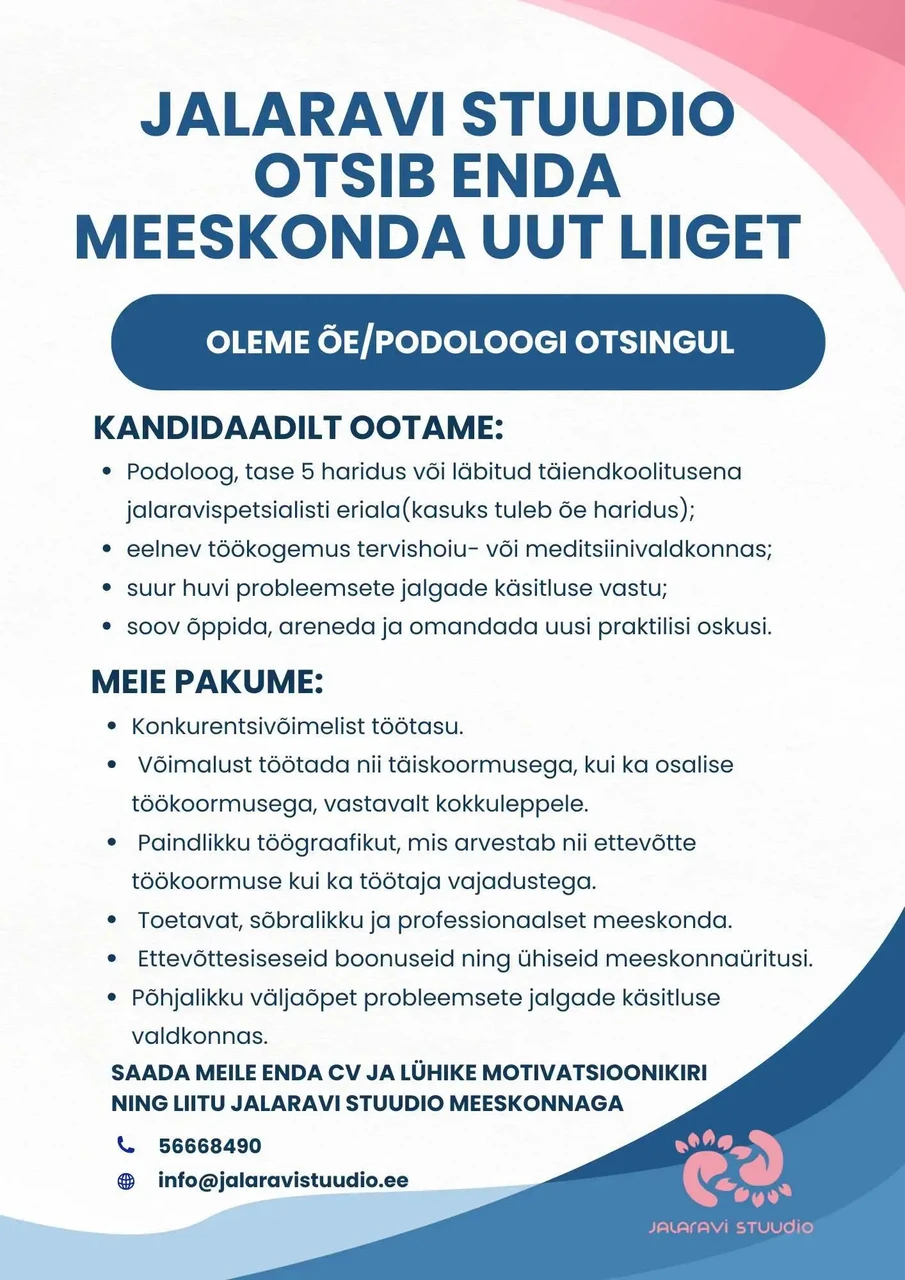 Jalaravistuudio otsib jalaraviõde/podoloogi Tartus