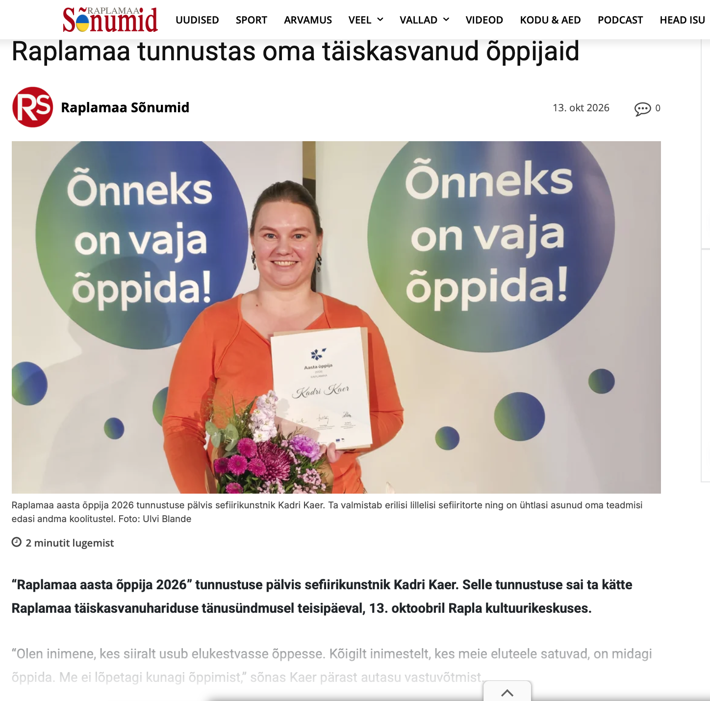 Raplamaa tänuüritus: aasta õppija 2026 on Kadri Kaer