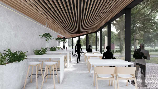 Ground-floor cafe with park view