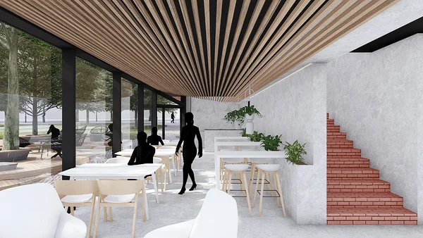 Cafe interior with brick stair
