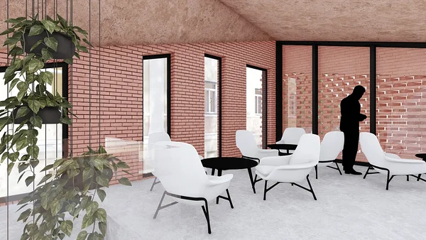Second-floor salon behind perforated brick facade