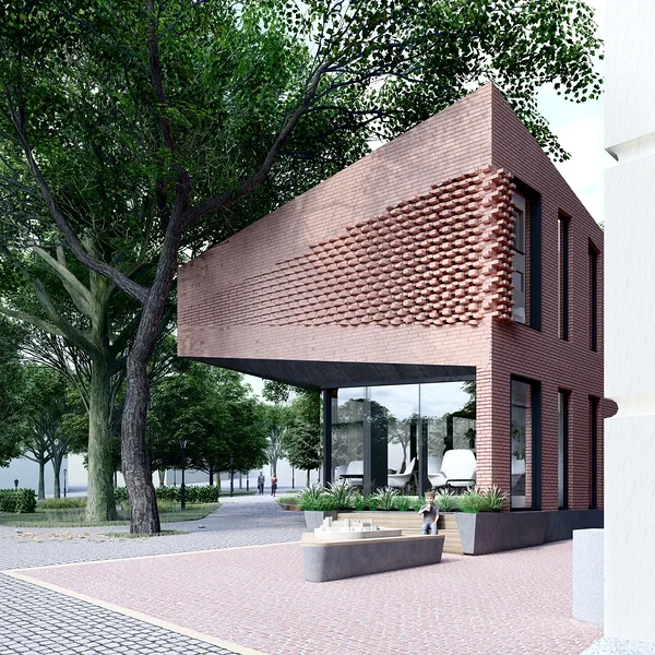 Upper volume of the pavilion among trees