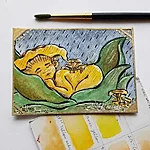 Artist trading card "Chanterelle baby", watercolour and ink, gold marker