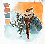 "Dwarf in a salon", watercolour and ink in sketchbook