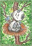 Artist trading card "Robot in the nest", watercolour and ink pen